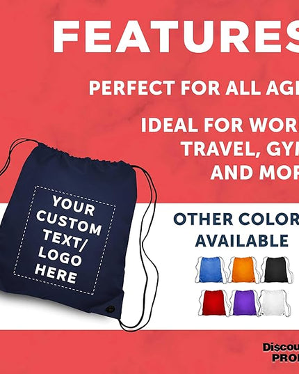 DISCOUNT PROMOS Custom Classic Polyester Drawstring Bagpack Set of 10/50/100, Personalized Bulk Pack - Great for Travelling, Gym and for Everyday Use - Navy Blue