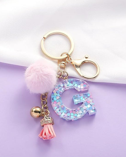 Resin Alphabet Initial Letter Keychain Keyring for Women Purse Handbags With Fur Ball Pom