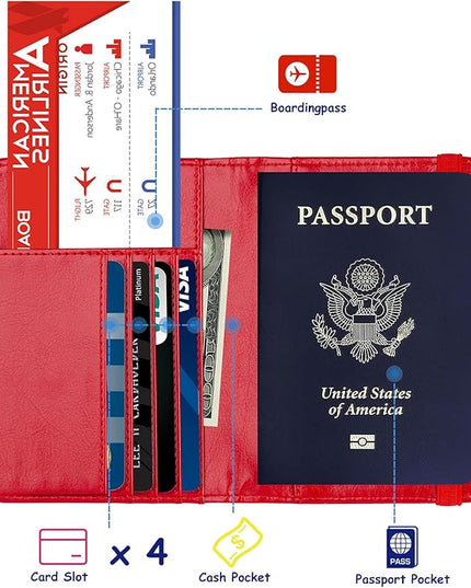 TOURSUIT Rfid Blocking Passport Holder for Women Men, Leather Passport Travel Wallet with Metal 3D Metal Badge, Travel Document Holder Cover Accessories (Red)