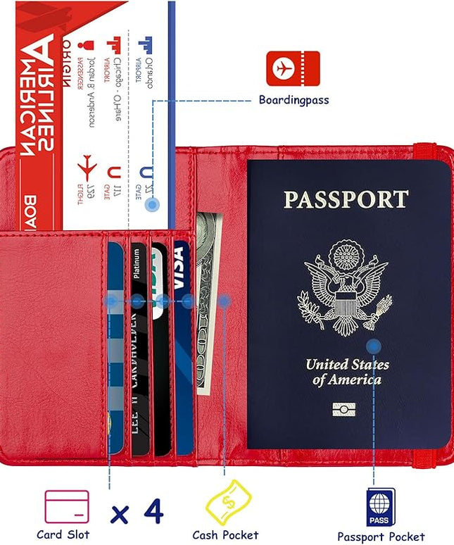 TOURSUIT Rfid Blocking Passport Holder for Women Men, Leather Passport Travel Wallet with Metal 3D Metal Badge, Travel Document Holder Cover Accessories (Red)