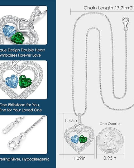 LOUISA SECRET Sparkling Double Heart Birthstone Necklaces for Women, 925 Sterling Silver Fine Jewelry, Pendant Heart Necklaces Birthday Anniversary Christmas Gift for Women Wife Mom Girlfriend Lady