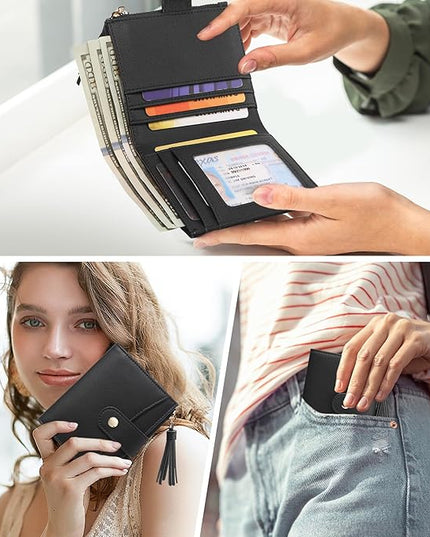 yiijay Small Wallet for Women RFID Blocking Tassle Bifold Slim Thin Leather Wallet Credit Card Holder Wallet Ladies Mini Wallet with Zipper Pocket