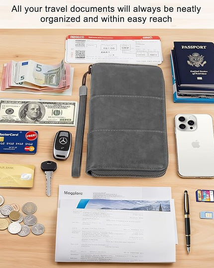 Family Passport Holder Wallet with Zipper, RFID Blocking Travel Document Organizer, PU Leather Passport Wallet for Women Men, Passport Cover Travel Wallet for Boarding Pass, ID, Money, Tickets