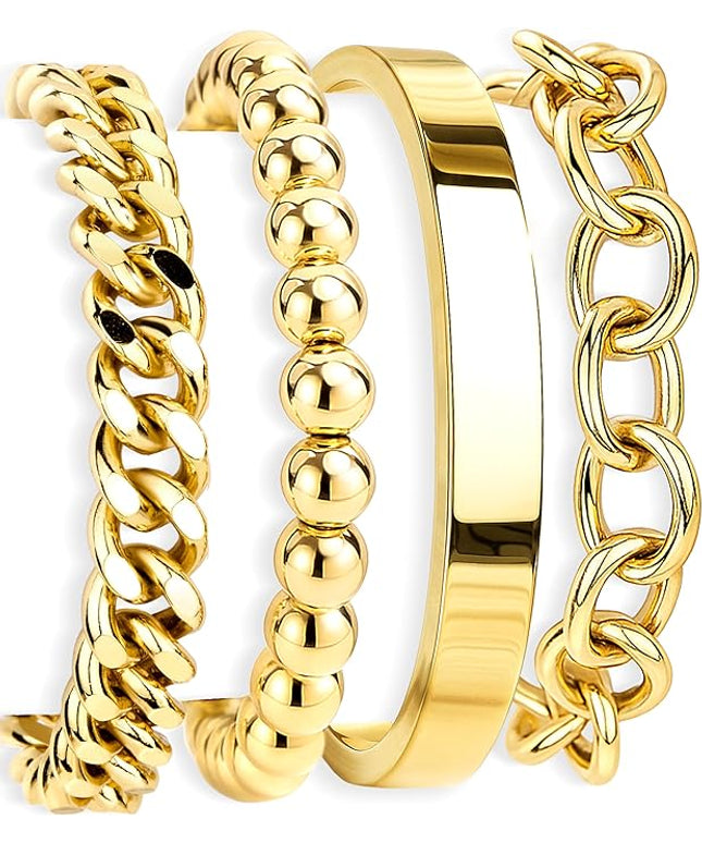 Gold Bracelets Set for Women Stack, Dainty Thick Bracelets Stack for Women Trendy, Simple Thin Gold Plated Cuff Stackable Bracelets With Beaded Cuban Paperclip Snake Rope Bangle Hand Chain Jewelry Gifts for Women Non Tainish