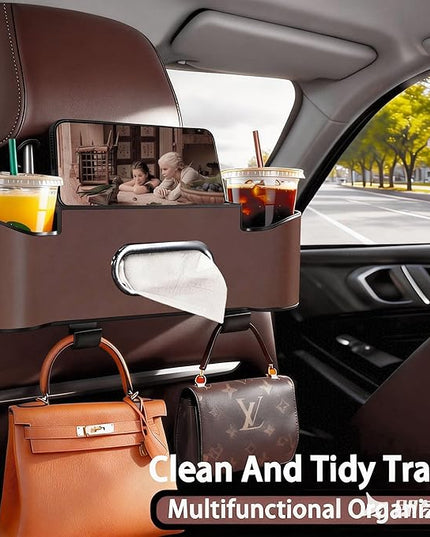 Car Backseat Organizer for Kids & Travelers - 4 in 1 Multifunctional Car Seat Back Storage with Cup Holder, Tissue Box, Snack/Handbag Holder - Nappa Leather Universal Fit for SUV/Van/Sedan (Brown)
