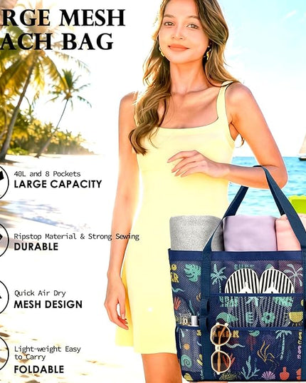 Mesh Beach Bag, Large Beach Tote with Zipper Pocket, Toys Pool Bag for Family Travel Vacation Cruise Essentials
