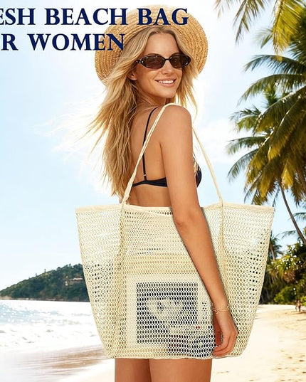 Mesh Beach Bag, Large Beach Tote with Zipper Pocket, Toys Pool Bag for Family Travel Vacation Cruise Essentials