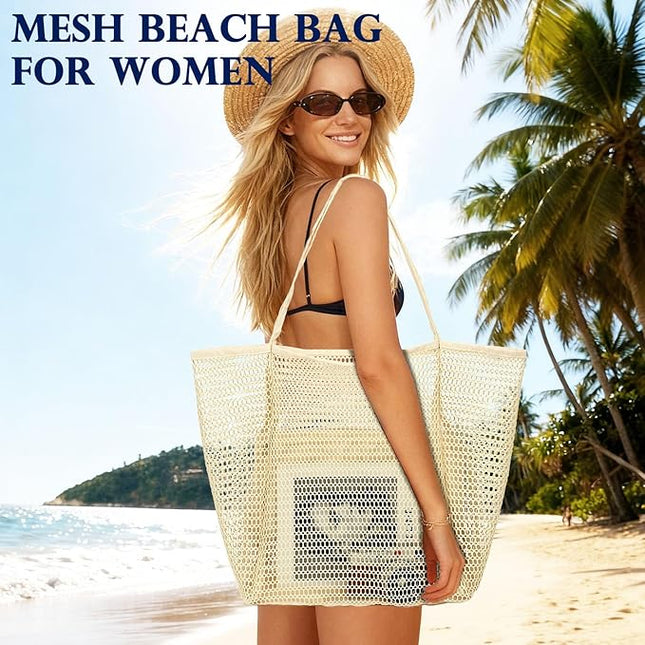 Mesh Beach Bag, Large Beach Tote with Zipper Pocket, Toys Pool Bag for Family Travel Vacation Cruise Essentials