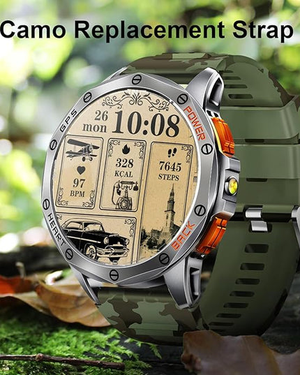Military Smart Watches Built-in GPS, 170+ Sport Modes for Men with Flashlight, Smartwatch for Android Phones and iPhone, 1.43" AMOLED Screen Bluetooth Call Compass Altimeter (Sivler & Camo (2 Bands))