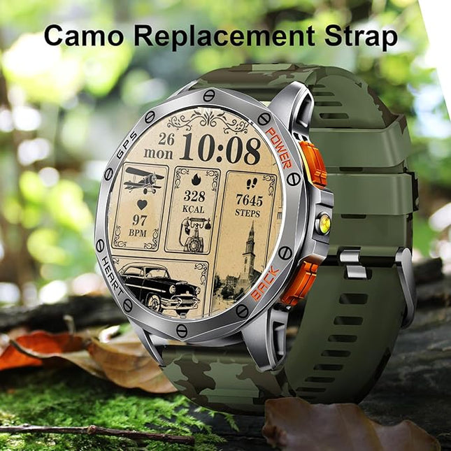 Military Smart Watches Built-in GPS, 170+ Sport Modes for Men with Flashlight, Smartwatch for Android Phones and iPhone, 1.43" AMOLED Screen Bluetooth Call Compass Altimeter (Sivler & Camo (2 Bands))