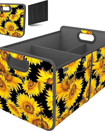 Homeve Trunk Organizer, Car Storage, Reinforced Handles, Collapsible Multi-Compartment, Foldable, Waterproof, Sturdy, 600D Oxford Polyester For Car, SUV, Mini-Van, Sunflower, 2 Compart