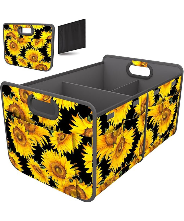Homeve Trunk Organizer, Car Storage, Reinforced Handles, Collapsible Multi-Compartment, Foldable, Waterproof, Sturdy, 600D Oxford Polyester For Car, SUV, Mini-Van, Sunflower, 2 Compart