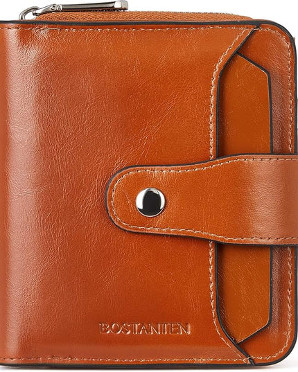 BOSTANTEN Leather Wallets for Women RFID Blocking Zipper Pocket Small Bifold Wallet Card Case Brown