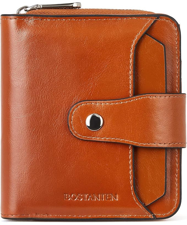 BOSTANTEN Leather Wallets for Women RFID Blocking Zipper Pocket Small Bifold Wallet Card Case Brown