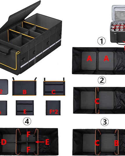 Car Trunk Organizer and Storage with Lid & Removable Leakproof Cooler Bag, Car Accessories 6 Removable Dividers for Custom Space, Collapsible Large Trunk Organizers Interior for SUV Sendan with Cover