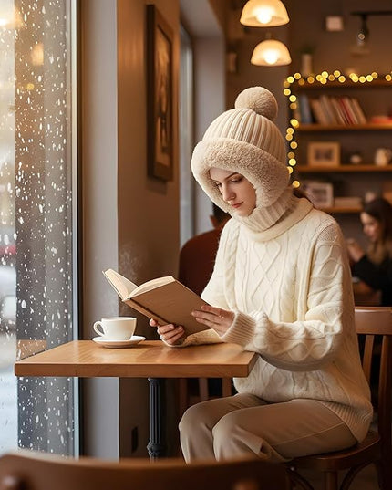 HUAMULAN Women Winter Beanie Hats One Piece Fleece Lined Knit Balaclavas Mask Set Skull Neck Circle Scarf Ski Snow Hat Pompom