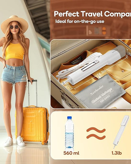 Newbealer 2in1 Travel Iron with Global Voltage, 100-240V Clothes Steamer, Dry Ironing & 2 Steam Levels, Non-Stick Ceramic Soleplate, Fabric Wrinkle Remover, Auto-off, Self Cleaning, No Clamp (Gold)