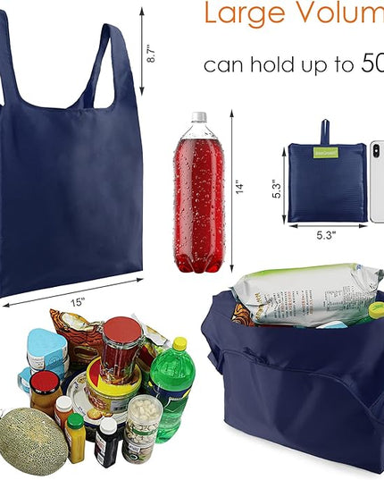 BeeGreen Navy Blue Reusable Grocery Bags Wholesale Reusable Kitchen Bags Bulk Foldable-Machine Washable with Zipper Storage Pouch 50 Packs