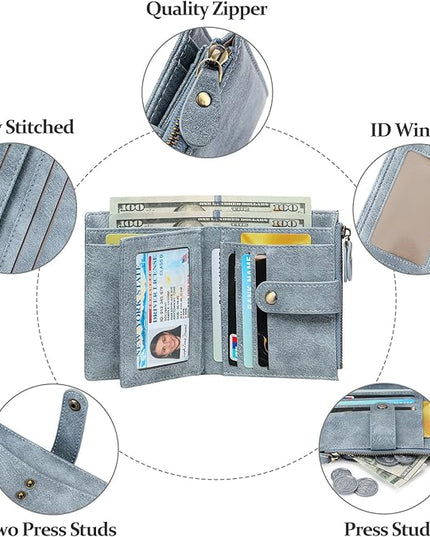 FALAN MULE Small Wallet for Women Leather RFID Blocking Bifold Credit Card Holder with Zipper Coin Pocket