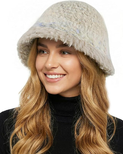 YI HENG MEI Women Knit Bucket Hat, Fluffy Winter Fisherman Hat Fuzzy Soft Warm Beanie Caps Women Cloche Caps Warm Bowler Hats
