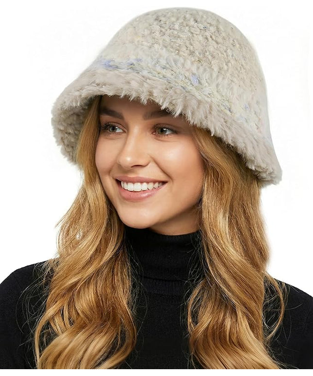 YI HENG MEI Women Knit Bucket Hat, Fluffy Winter Fisherman Hat Fuzzy Soft Warm Beanie Caps Women Cloche Caps Warm Bowler Hats