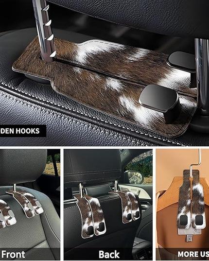 Car Seat Headrest Hook, Universal Leather Cute Hanger Holder Hook, Storage Organizer Interior Accessories for Purse Bags Handbag Brown White Cowhide