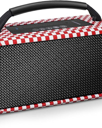 DINDIN Portable Bluetooth Speaker: 80W (Peak), 20H Playtime, Loud Wireless Wood Speakers with Bass, AUX and USB Input, Subwoofer, TWS Pairing, Vintage Speaker for Outdoor, Home, Office (Red+White)
