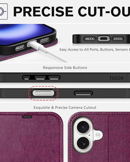 TUCCH Case Wallet for iPhone 16, Kickstand PU Leather Magnetic Protective Flip Cover with [RFID Blocking] [4 Card Slots] [TPU Interior Case] Compatible with iPhone 16 5G 2024, Plum Purple