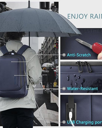 hk Laptop Backpack for Men with USB Charging Port Water-Resistant for 15.6 Inch Computer Bag Durable High-Tech Daypack Casual Backpack for Business Work College Weekender Travel- Blue