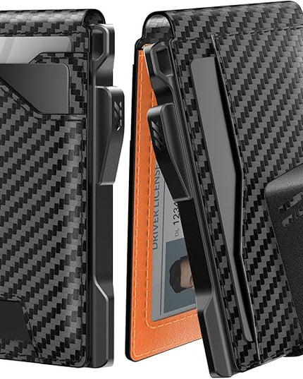 typecase Tactical Wallet for Men Card Holder: Pop Up Card Case, Genuine Leather, Smart, RFID Blocking, Slim, Minimalist, Thin, Front Pocket - 9-13 Card Capacitiy, ID Window, Money Clip (Orange)