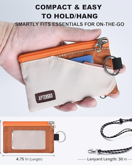 RFID Travel Wallet with Adjustable Lanyard-Zipper Small Wallet with ID Card Holder, Keychain for women&men-Minimalist Slim Waterproof Nylon case for ID, Cash, Key (Almond+Rust)