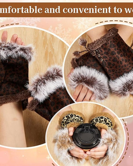 SATINIOR Women Fur Fingerless Gloves Winter Rabbit Fur Lined Half Finger Mittens for Women Girls Teen Working Writing