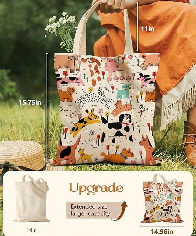 Aesthetic Tote Bag for Girls - with Magnetic Buckle and Zipper Inner Pocket for Women Lady Canvas Cotton Tote Bag