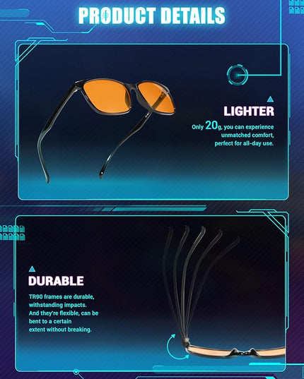 TIJN Blue Light Blocking Glasses for Men Women - Dual AR Coatings Amber Lens for Computer Gaming - Screen Fatigue & UV Protection - 2 Pack