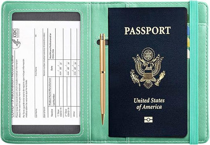 HerriaT Passport and Vaccine Card Holder Combo,Cover Case with CDC Vaccination Card Slot, Leather Travel Documents Organizer Protector, with RFID Blocking, for Women and Men