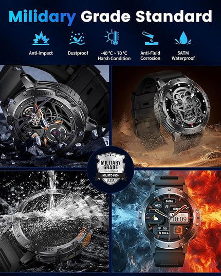 LIGE Military Smart Watches for Men(Answer/Make Calls) with LED Flashlight,530mAh Large Battery,1.43’’ AMOLED Fitness Tracker Heart Rate/SpO2/Sleep Monitor 5ATM Smartwatch for Android iOS,Silicone