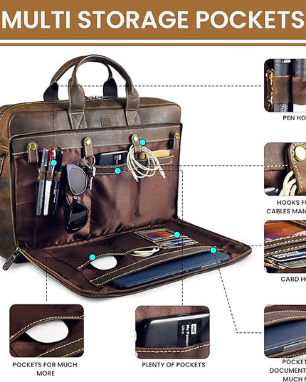 Vintage Leather Messenger Bag for Men, 16” Laptop Satchel with Adjustable Shoulder Strap, Briefcase Office Work & Travel Bag
