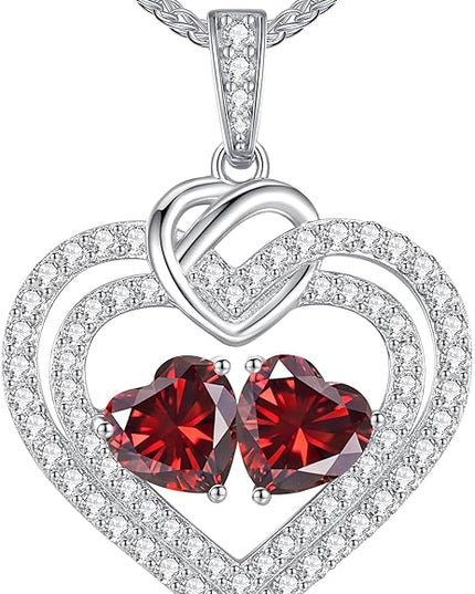 LOUISA SECRET Sparkling Double Heart Birthstone Necklaces for Women, 925 Sterling Silver Fine Jewelry, Pendant Heart Necklaces Birthday Anniversary Christmas Gift for Women Wife Mom Girlfriend Lady