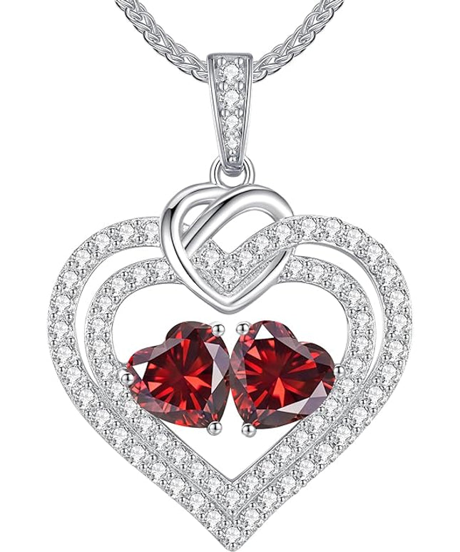 LOUISA SECRET Sparkling Double Heart Birthstone Necklaces for Women, 925 Sterling Silver Fine Jewelry, Pendant Heart Necklaces Birthday Anniversary Christmas Gift for Women Wife Mom Girlfriend Lady