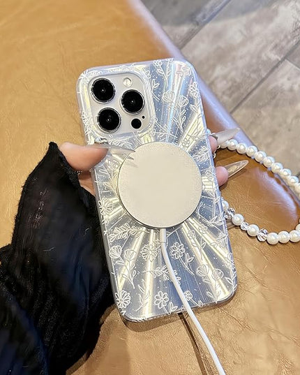 Compatible with iPhone 15 Pro Cases,Cute Flower Phone case with Floral Pearl Chain,Compatible MagSafe Silicone Shockproof Phone case for Women and Teenage Girls.
