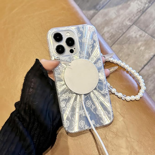 Compatible with iPhone 15 Pro Cases,Cute Flower Phone case with Floral Pearl Chain,Compatible MagSafe Silicone Shockproof Phone case for Women and Teenage Girls.
