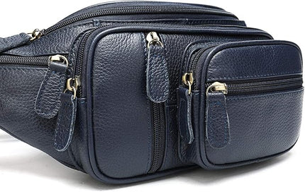 Genuine Leather Fanny Pack large capacity Crossbody Waist Bag with Zipper phone Pockets dark blue