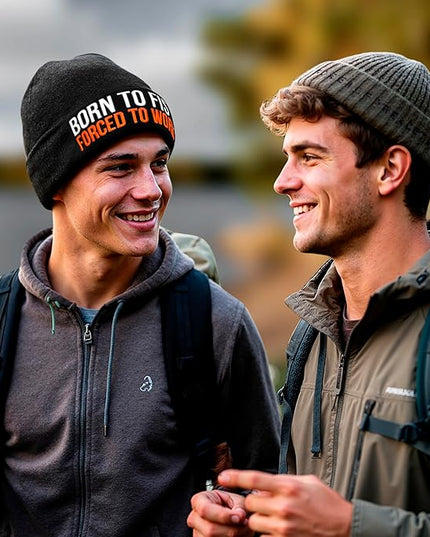 Born to Fish Forced to Work Beanie Hat – Funny Fishing Embroidered Knit Winter Cap – Warm Angler Hat for Men, Women & Teens – Fisherman Gift & Outdoor Accessory Black