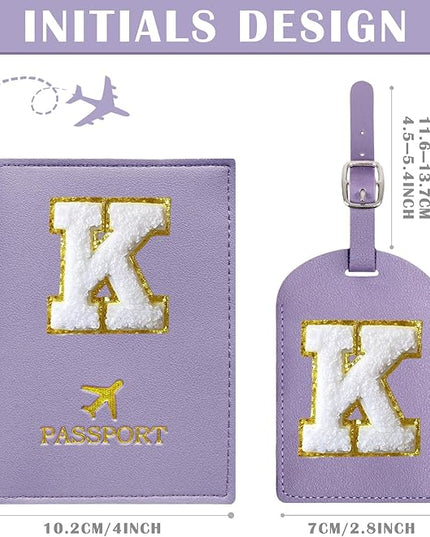 COSHAYSOO Purple Initial Passport Cover Holder and Luggage Tag Set TSA Approved with Chenille Letter Patch for Women Teenage Girls, Traveling Necessities Supply Unique Bag Suitcase Identifier (K)