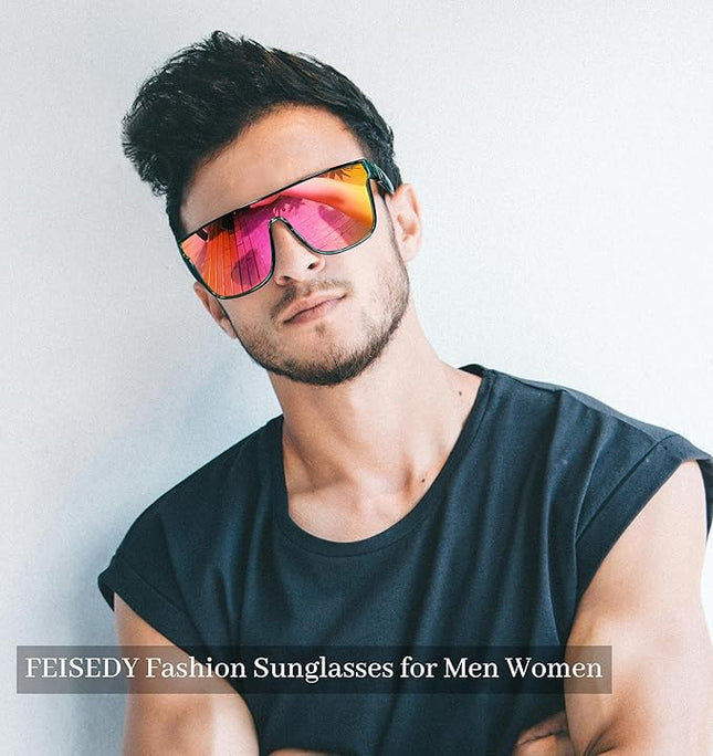 FEISEDY Sunglasses for Women Men, Fashion Mirrored Single Lens, Driving Beach Sunnies UV400 Shades B2996