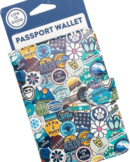 Life is Good Travel Passport Cover - Anti-Theft Passport Holder Wallet with Interior Card Slots, Magnetic Snap Closure, Newsprint