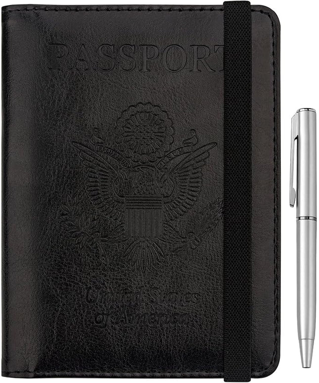WALNEW Passport Holder for Travel, RFID Passport Cover Wallet for Women Men, PU Leather Passport Book Card Holder Case with Pen, Travelling Essentials for Flying