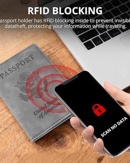 Passport Holder for Travel Essentials,RFID Blocking Passport Cover Wallet Card Case for Women and Men (Gray)