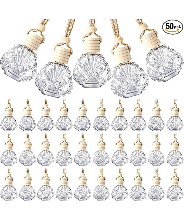 BBTO 50 Pcs Hanging Car Air Freshener Car Diffuser Bottles Empty Glass Perfume Bottle Freshener Diffuser Bottle Pendant for Essential Oil Fragrance Aromatherapy Bottle Ornament(Shell)