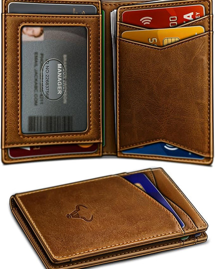 BULLIANT Men Wallet,Top Grain Leather Slim Wallet Magnetic Closure Simplifed Bill Folder RFID Blocking 11Cards